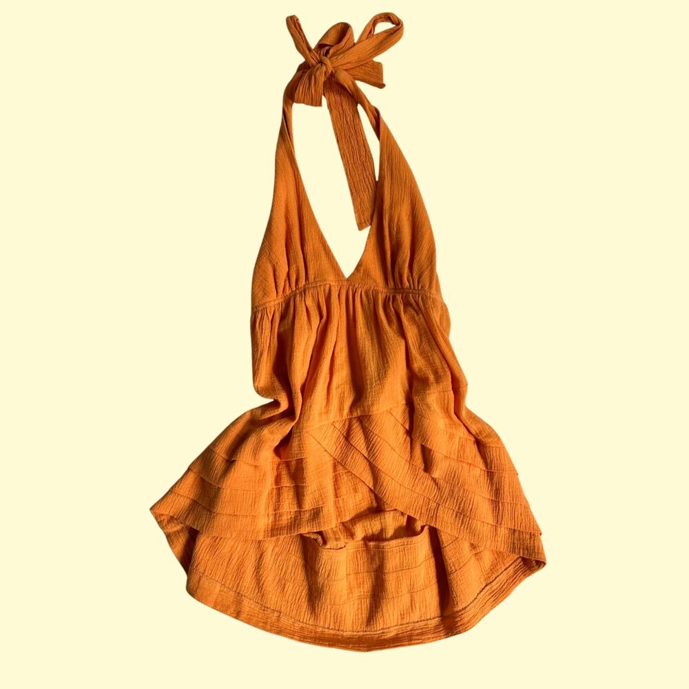 BCBGeneration Orange Textured Cotton Halter Peplum Top Size M